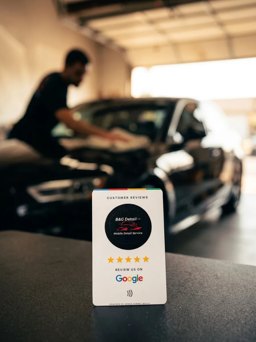 A white custom-branded review card standing on a dark surface, with a detailer working on a car behind it
