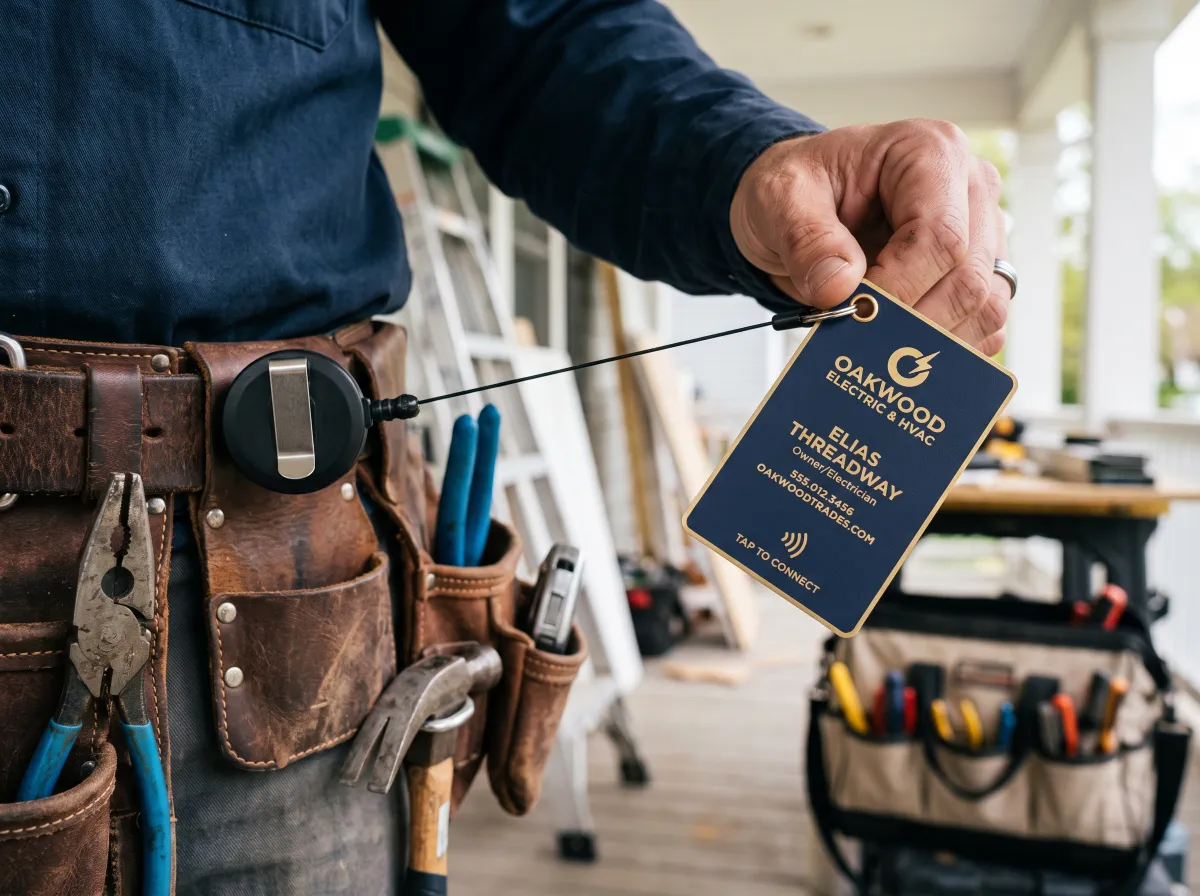 An electrician pulls a navy business card on a retractable reel from the clip on his tool belt