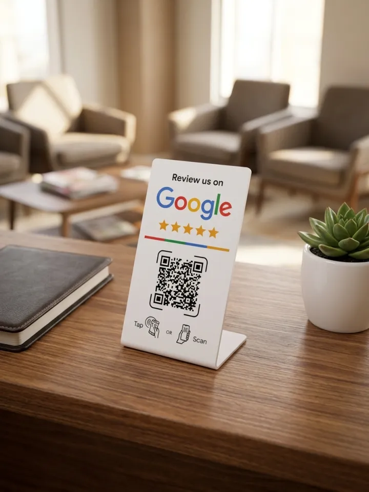 A Review us on Google stand with a QR code on a waiting room desk