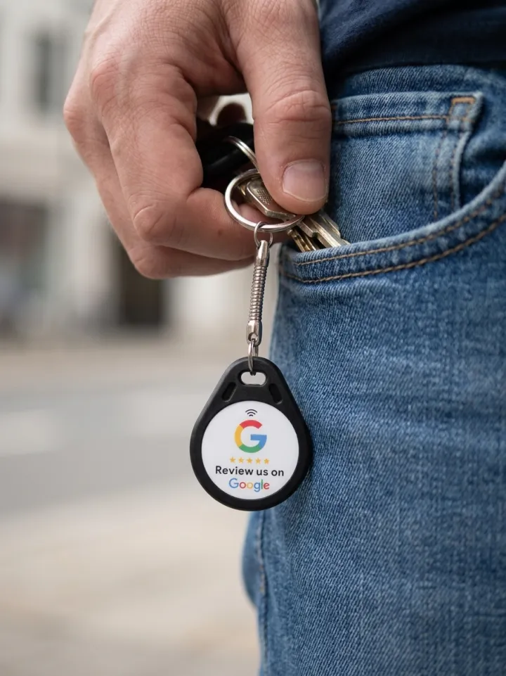A Google review key fob hanging from a set of keys pulled out of a jeans pocket