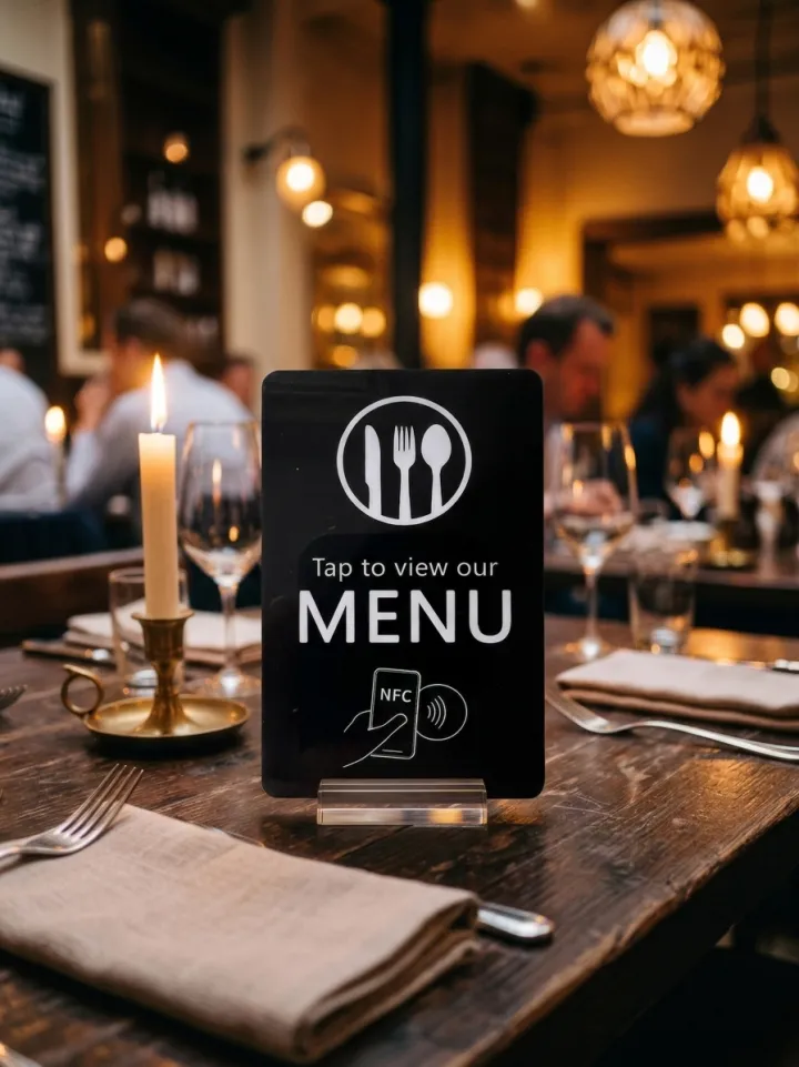 A black Tap to view our menu sign on a candlelit restaurant table