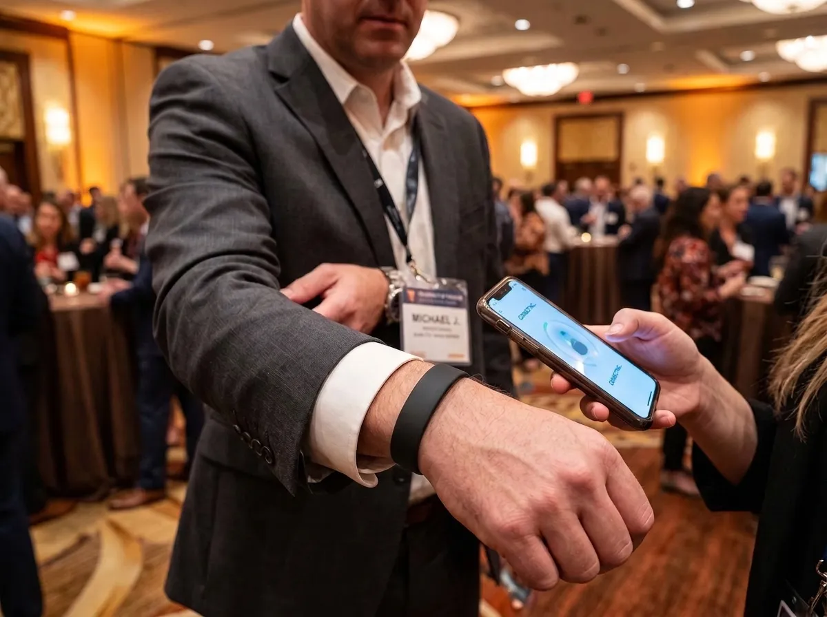 A man at a networking event holds out a plain black silicone wristband while someone brings a phone to it