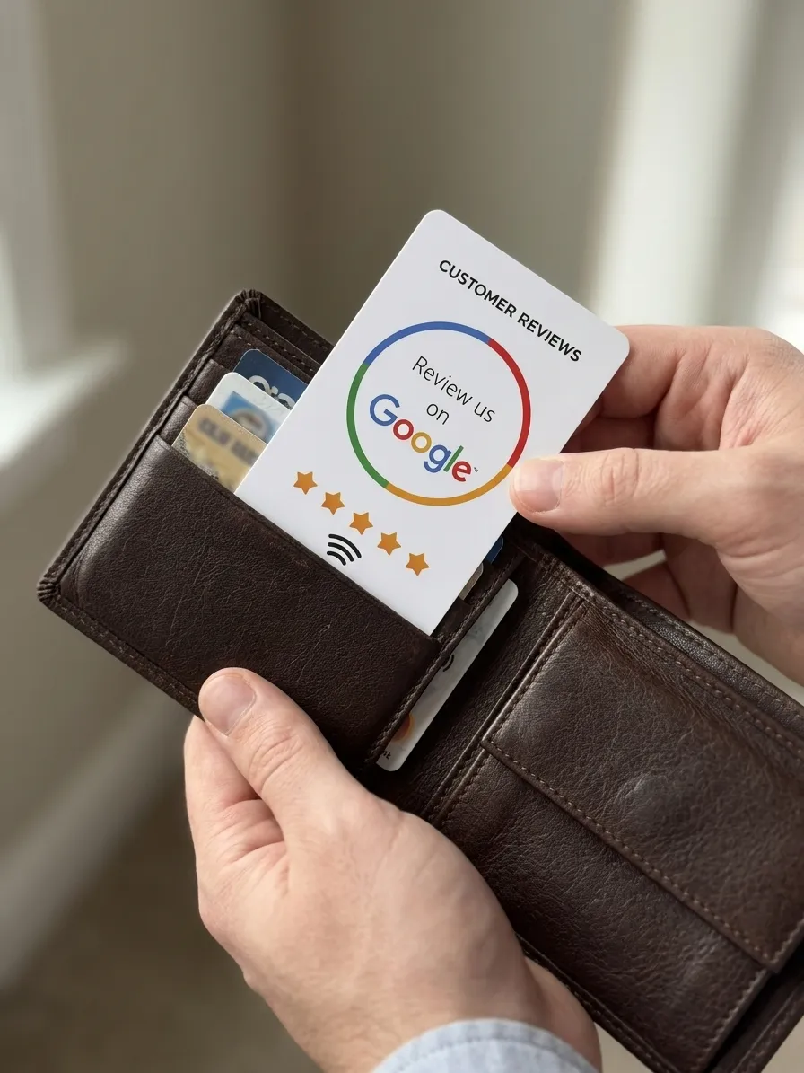 A white Google review card being pulled from a brown wallet