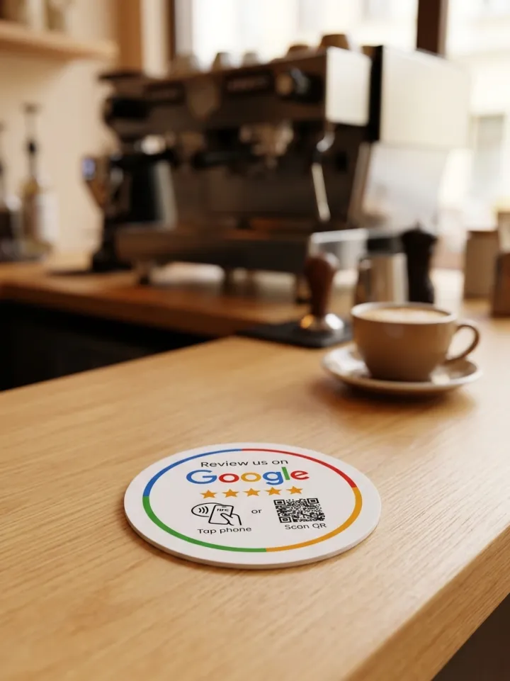 A round Google review coaster with a QR code on a wooden cafe counter