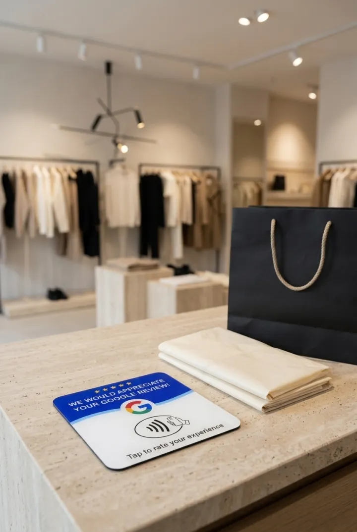 A square Google review plate on a travertine boutique counter beside a black shopping bag